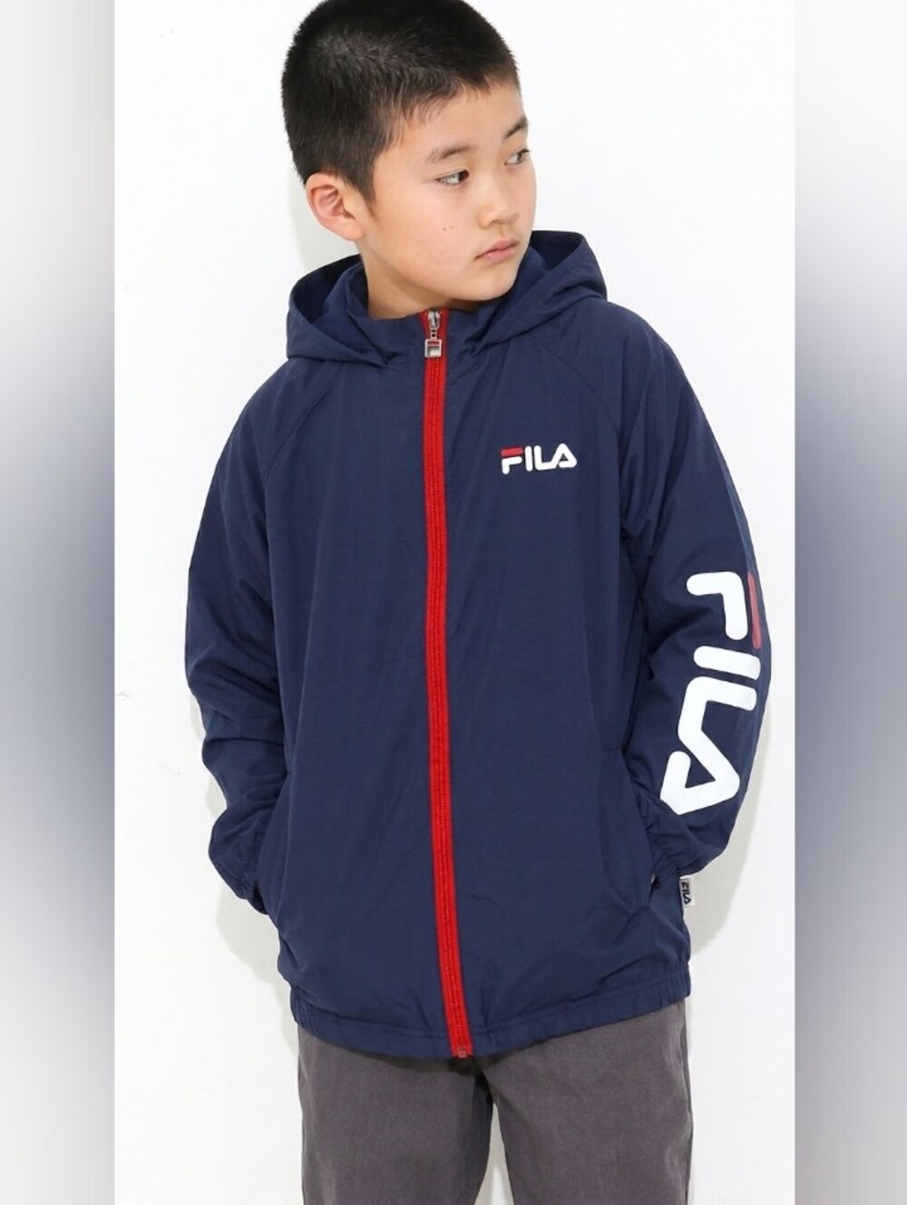 NWOT SZ10 FILA Navy Hooded Jacket with Red Zip and White Logos